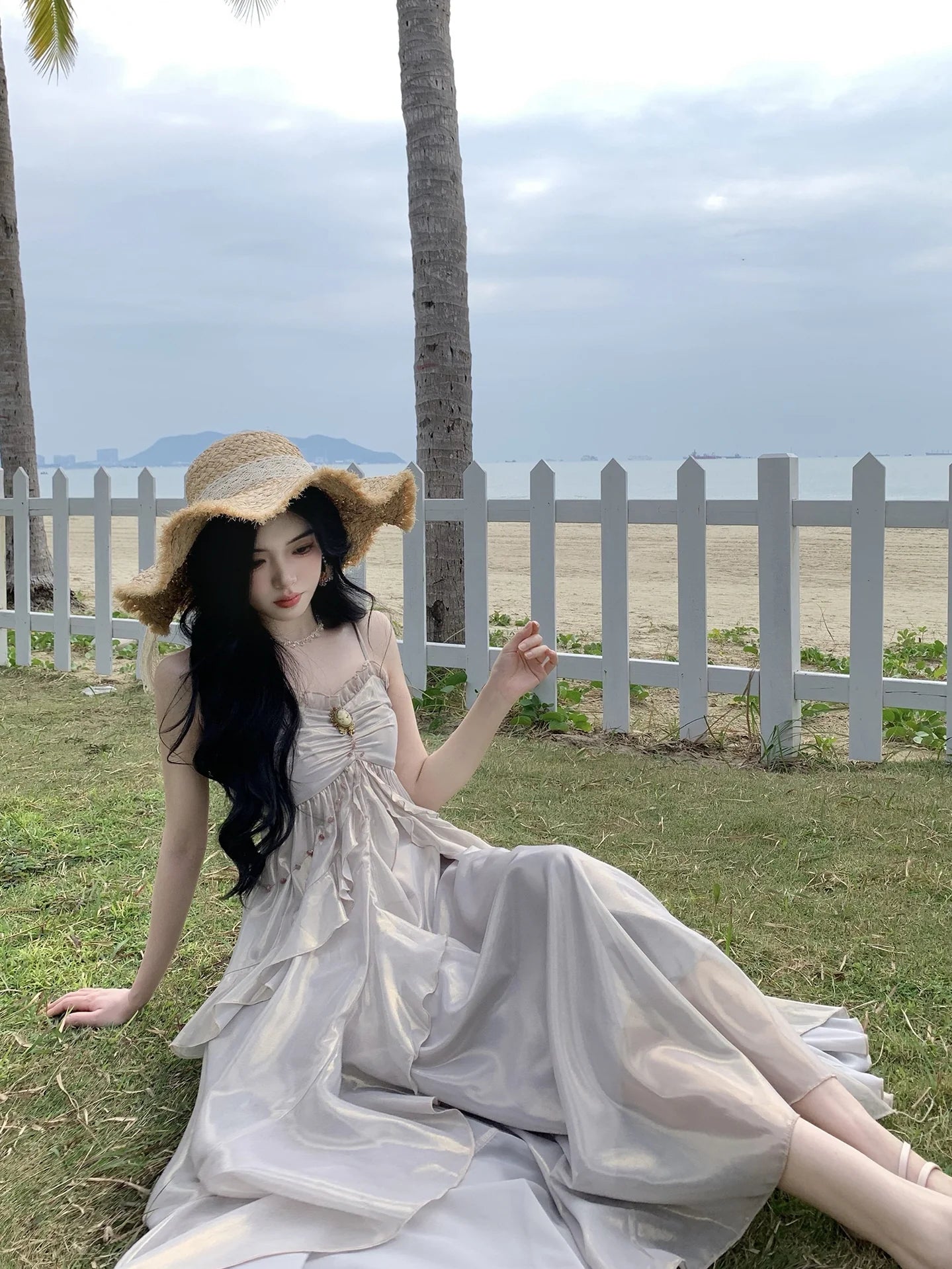 Vintage Brooch Elegance Ruffled Gown