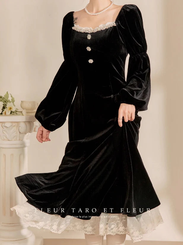 Victorian Elegance Black Velvet Dress