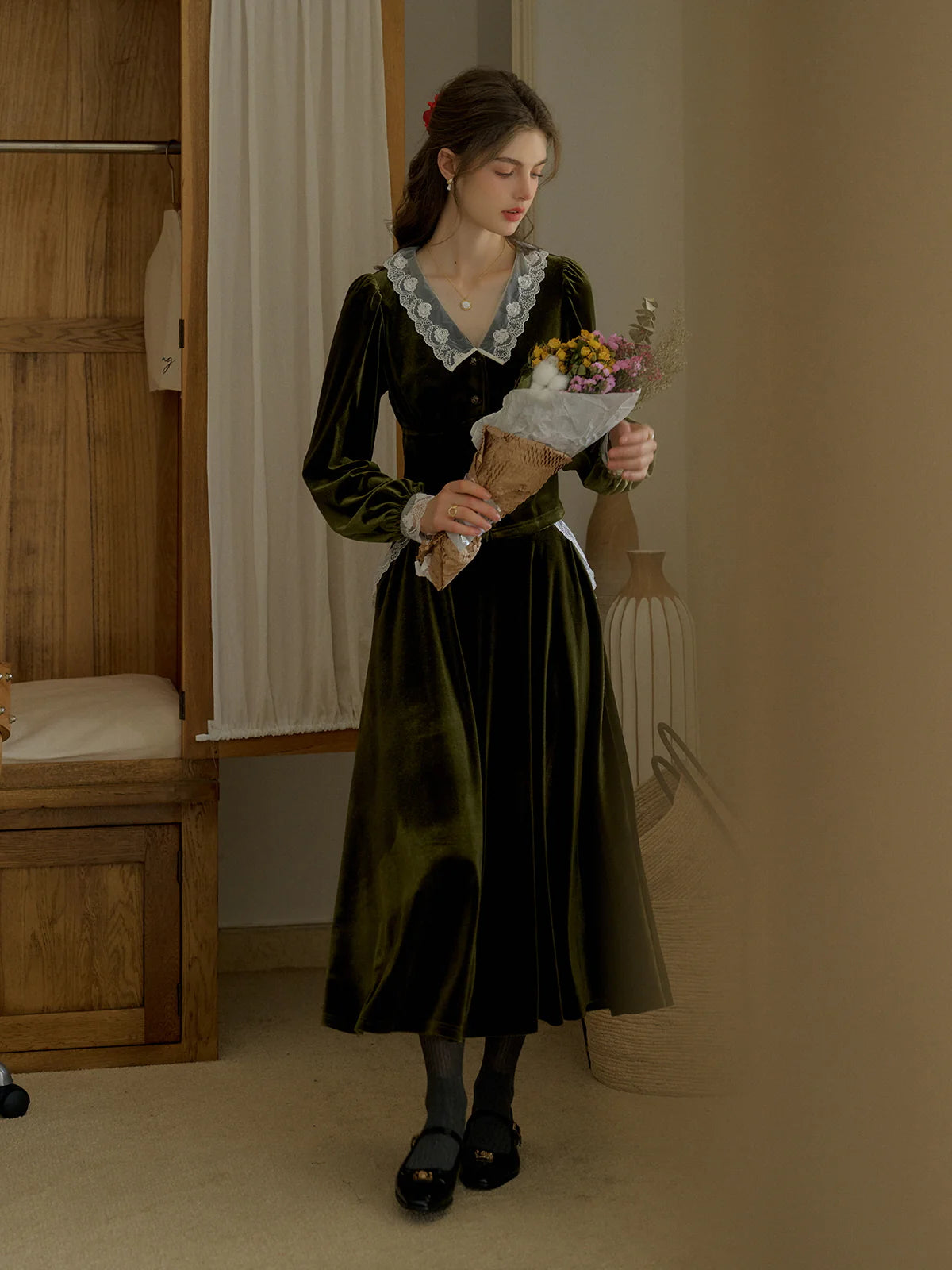 Velvet Elegance Green Lace-Trim Blouse