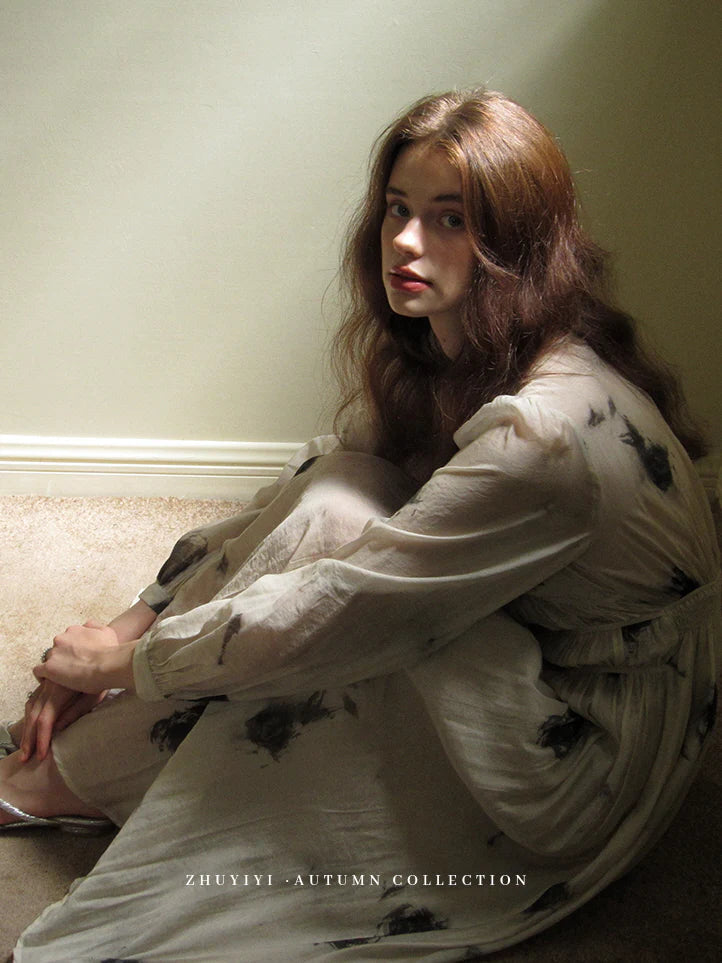 Ivory Brushstroke Print Maxi Dress