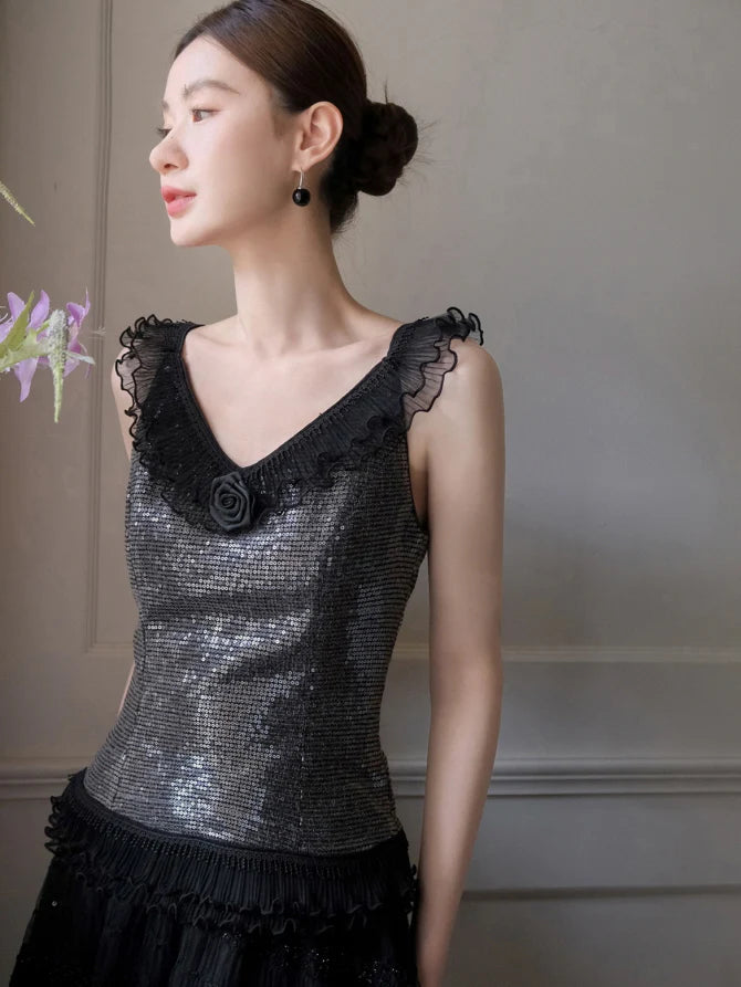 Midnight Rose Sequin Top & Glitter Mesh Skirt