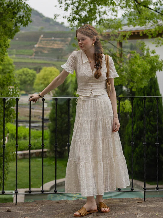 Vintage Textured Cotton Blouse & Skirt