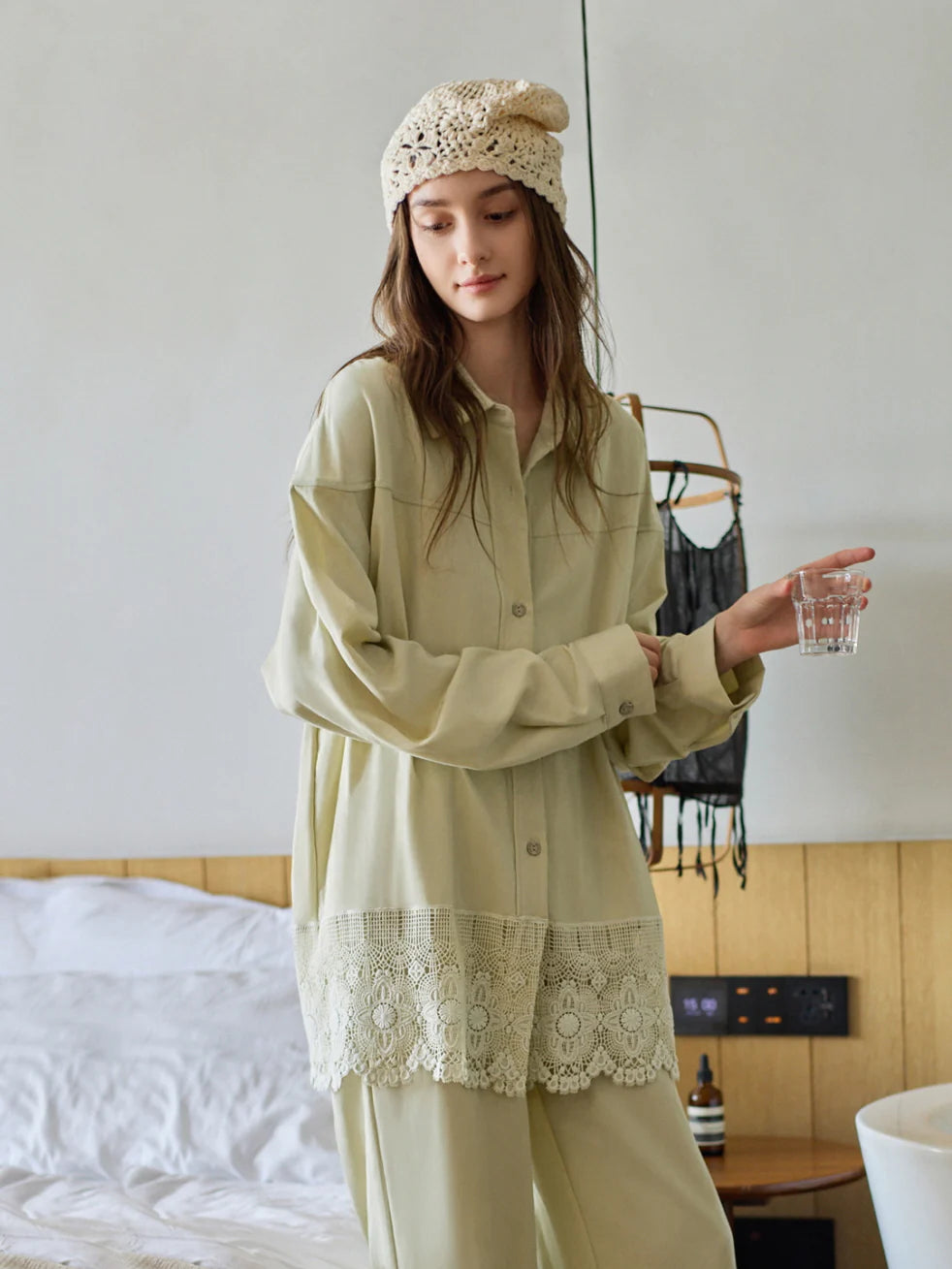 Sage Green Lace Trim Pajama Set