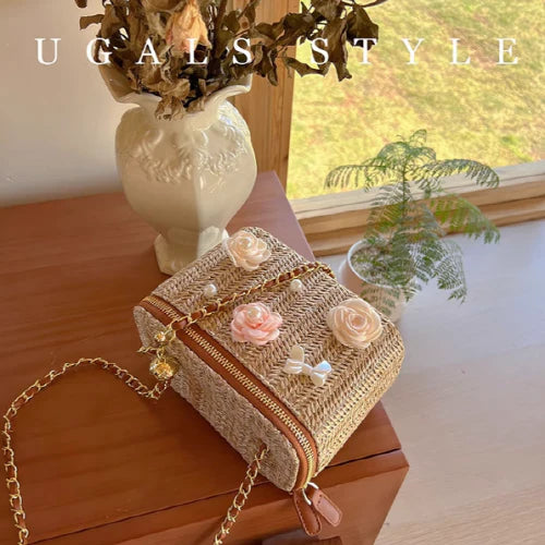 Flower Straw Woven Square Chain Bag