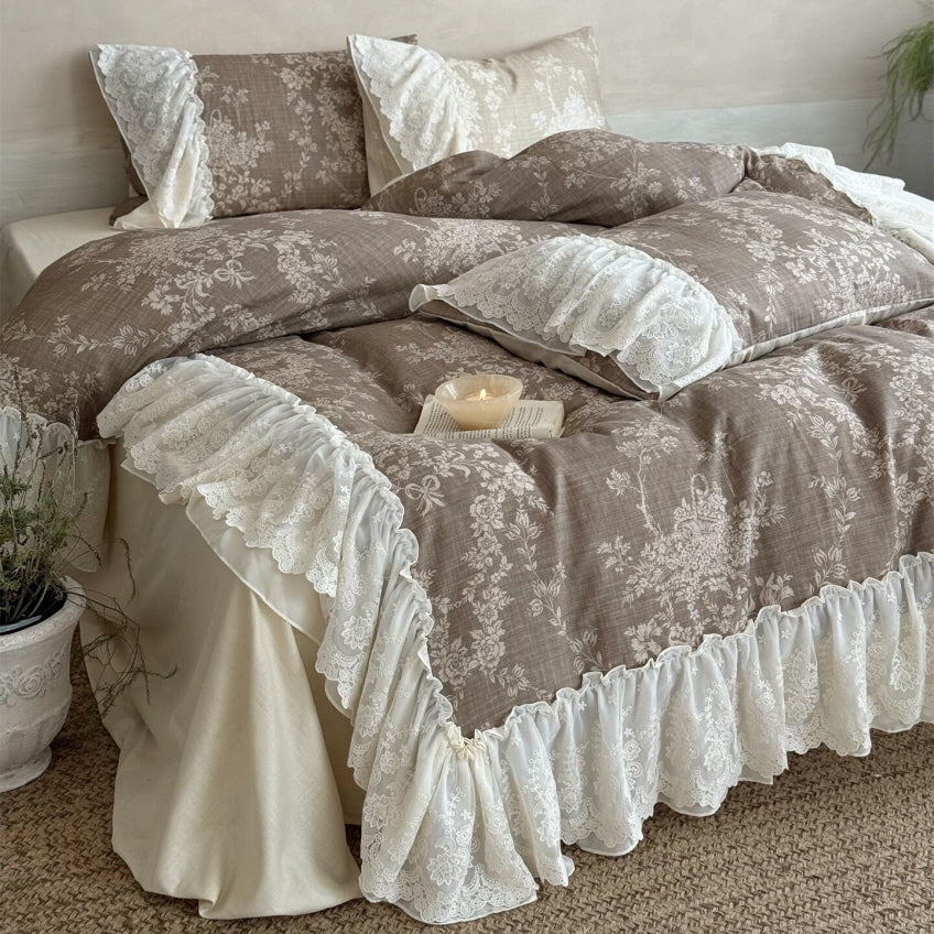 Brown Floral Lace Ruffle Bedding Set