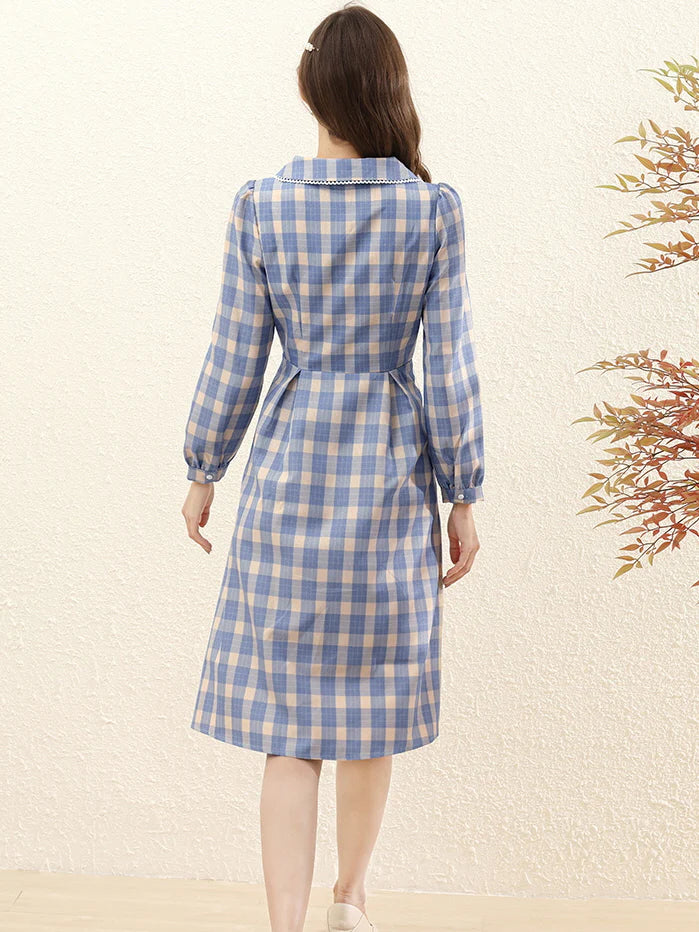 Vintage Blue Plaid Lace Trim Dress