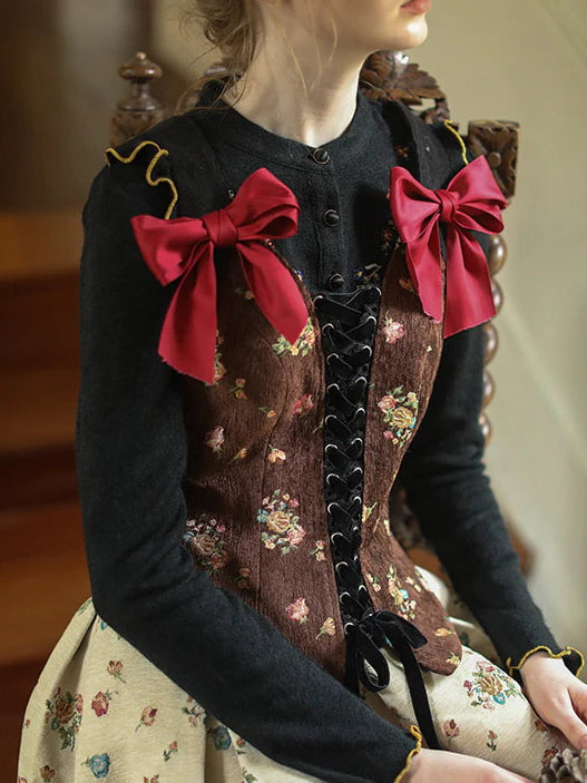 Floral Velvet Corset with Ribbon Accents