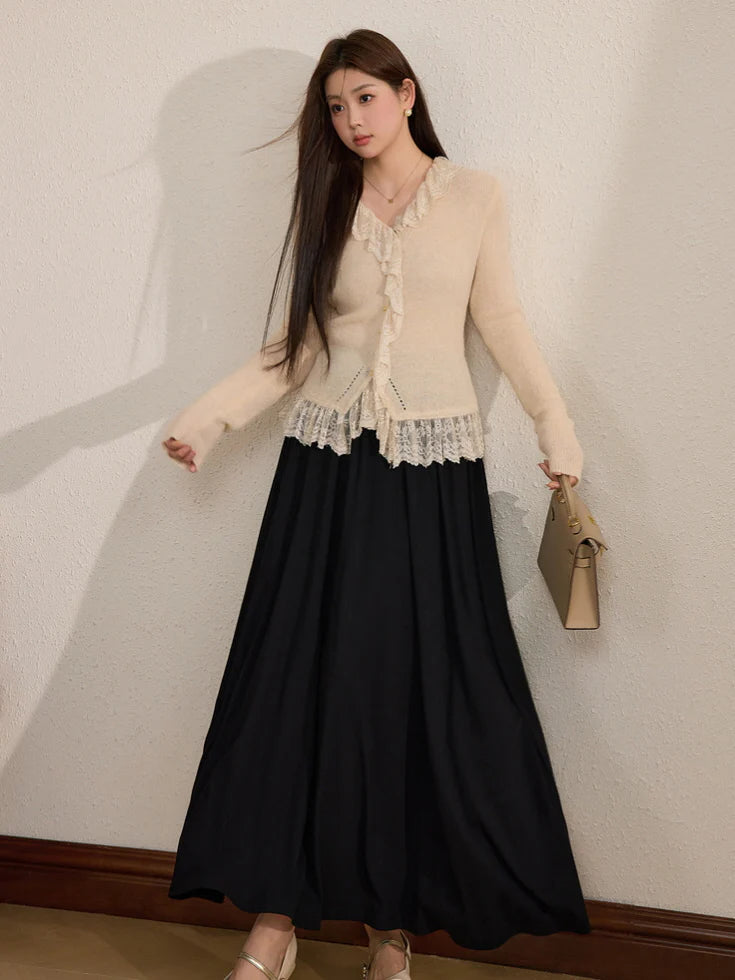 Ivory Lace Trim Wool Blend Cardigan