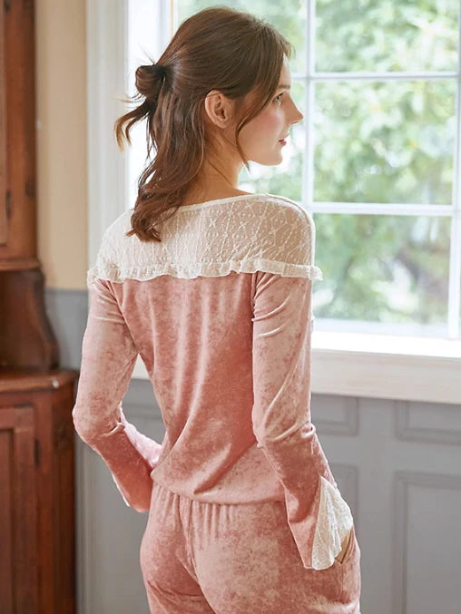 Blush Velvet Lace-Trim Pajama Set