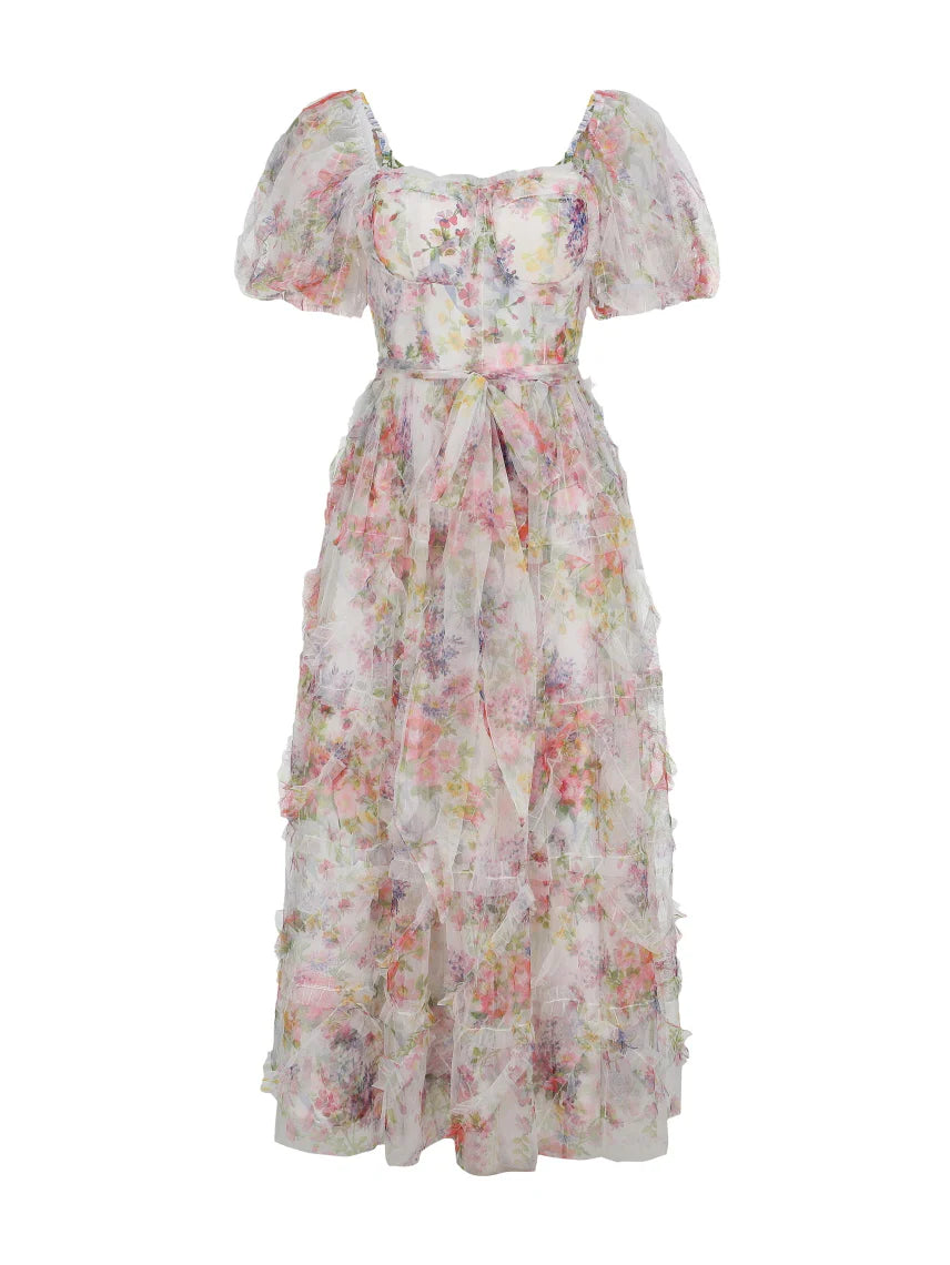 Blossom Whispers Ruffle Floral Puff Sleeve Dress