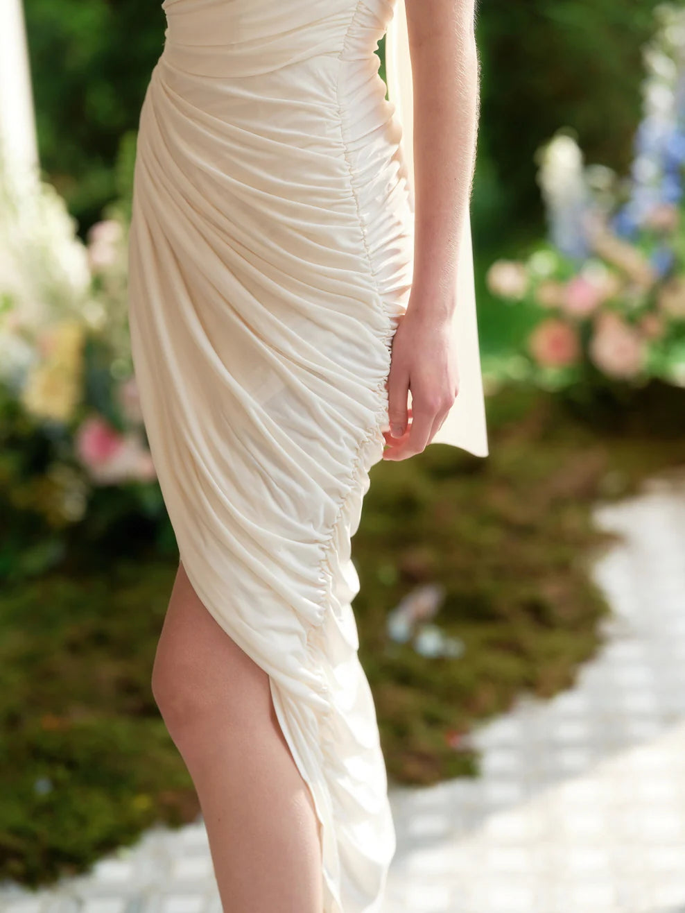 Enchanted Pearl Blossom Ruched Gown