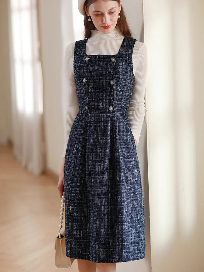 Navy Tweed Double-Breasted Dress