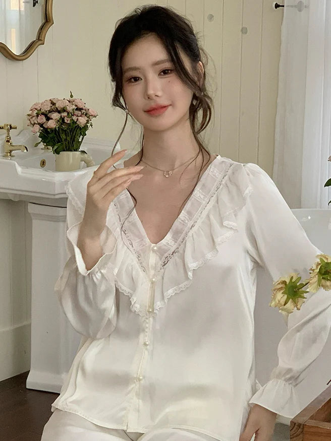 Vintage Ruffle Lace Cream Pajama Set