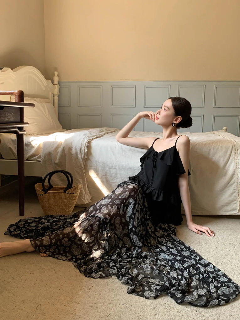 Black Ruffle Camisole & Paisley Maxi Skirt