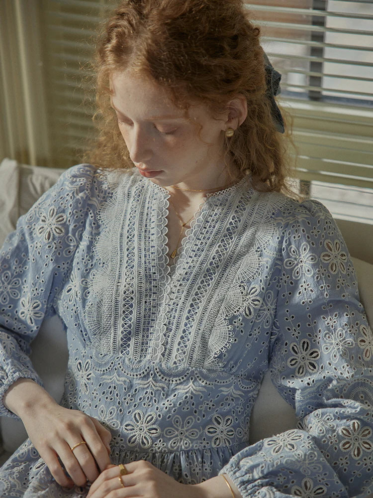 Enchanted Blue Embroidered Cotton Dress