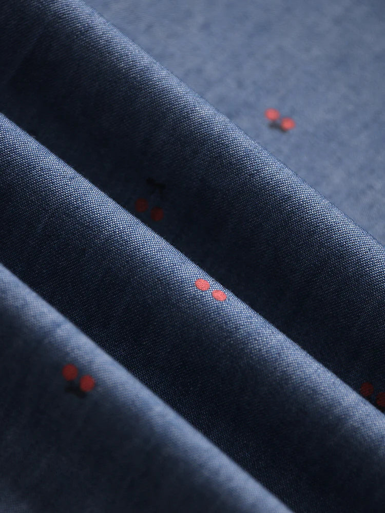 Cherry Embroidered Blue Cotton Dress