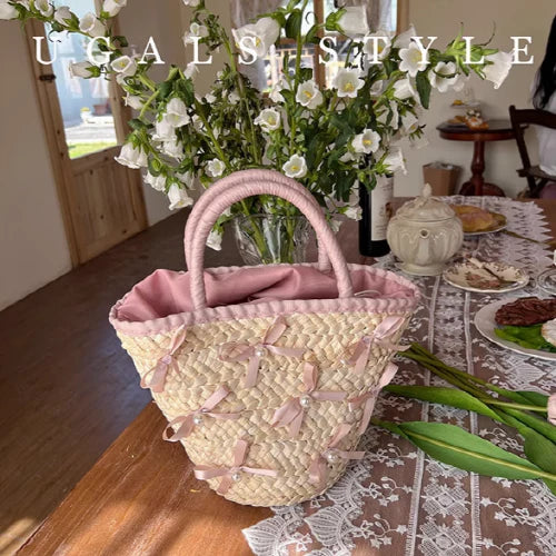 Summer Vacation Straw Ribbon Tote Bag