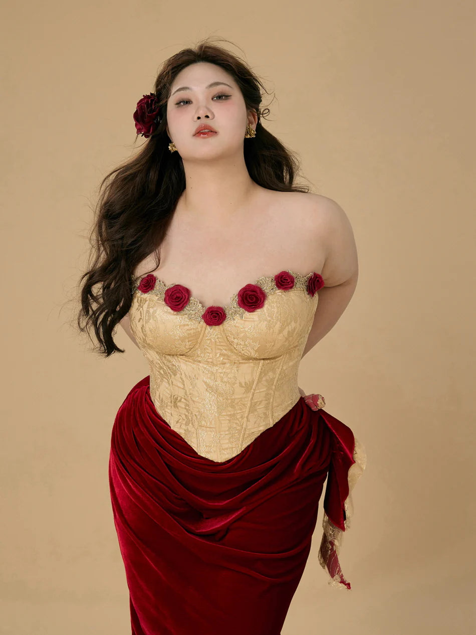 Rose Embellished Gold Corset Velvet Dress