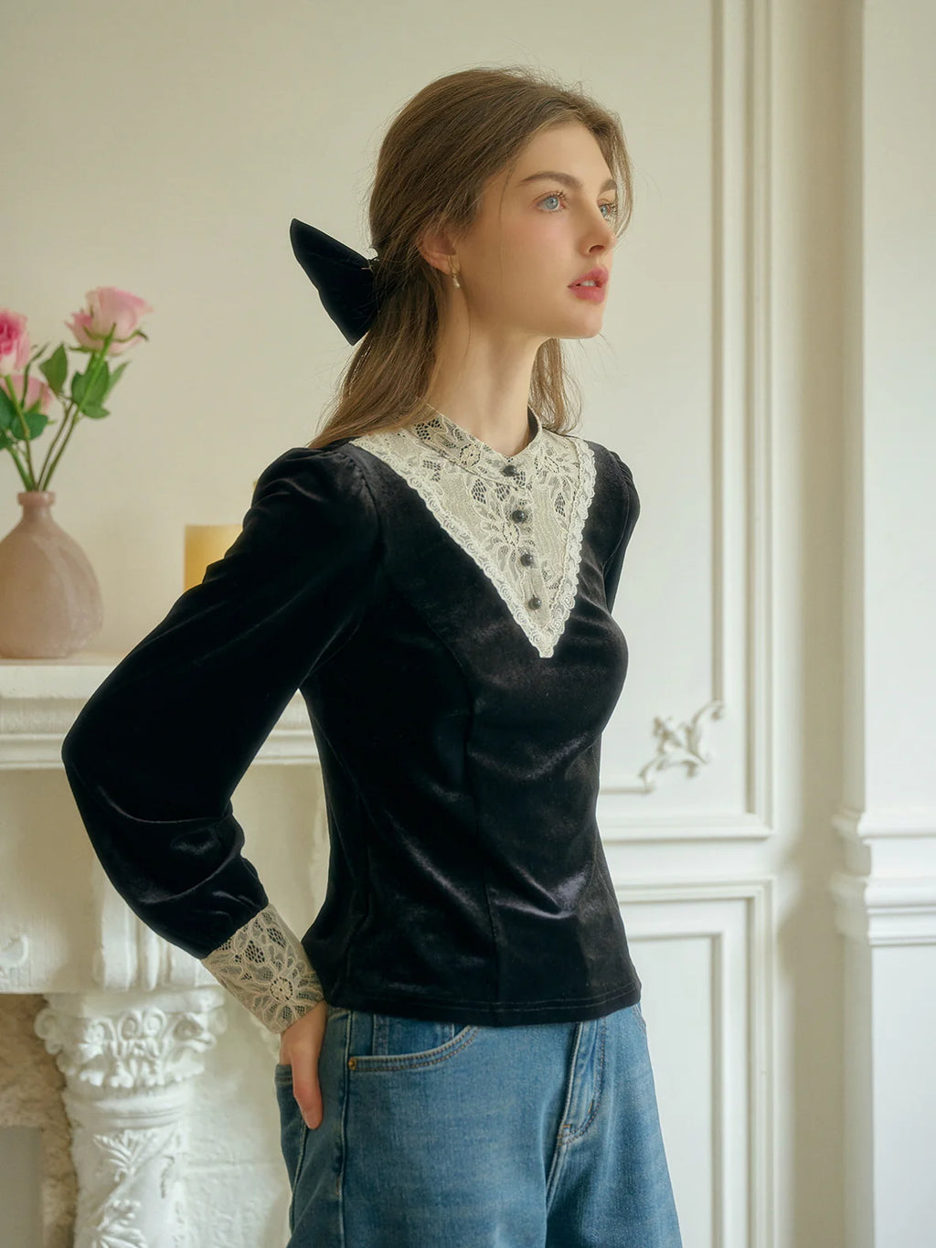 Victorian Lace Trim Black Velvet Blouse