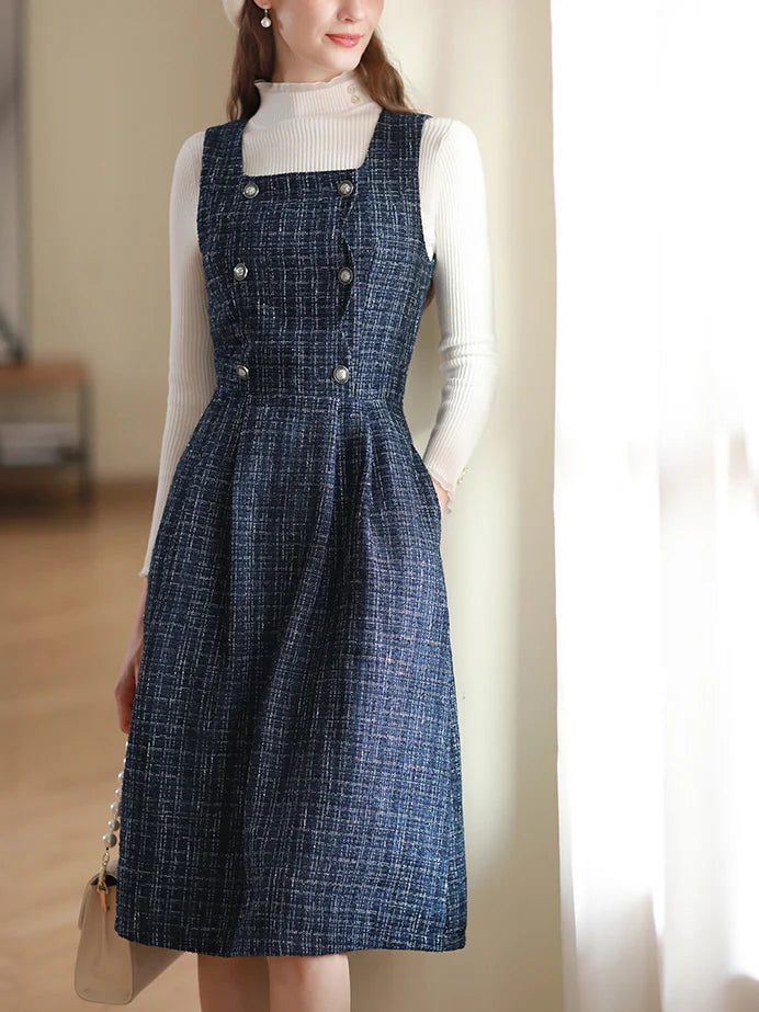 Navy Tweed Double-Breasted Dress