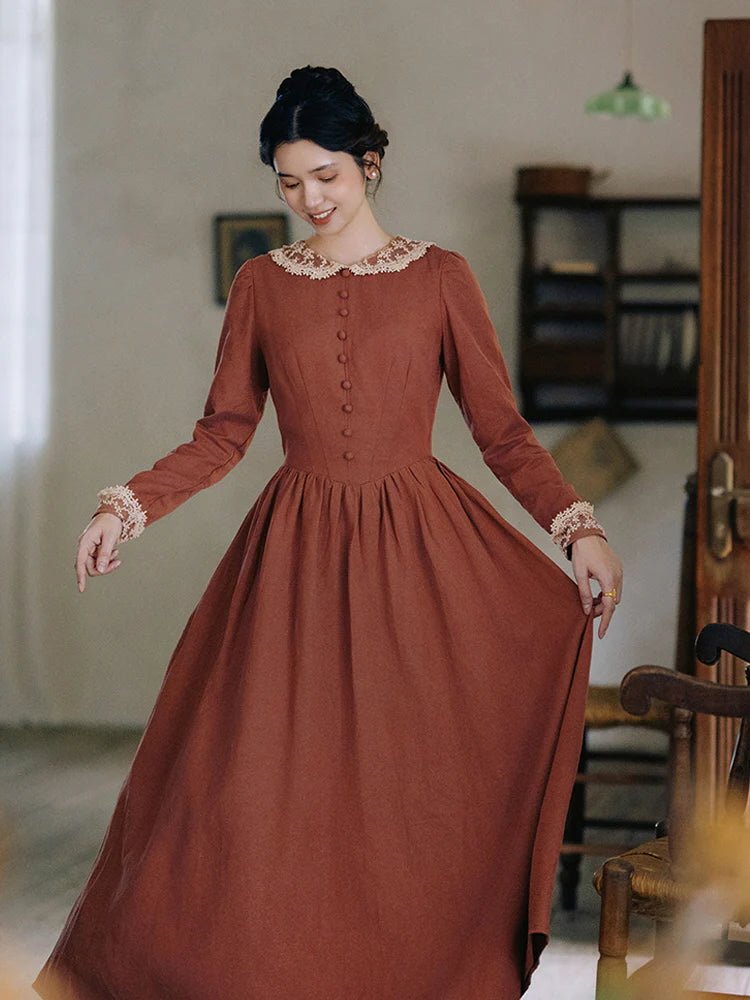 Autumn Rust Vintage Lace Collar Dress