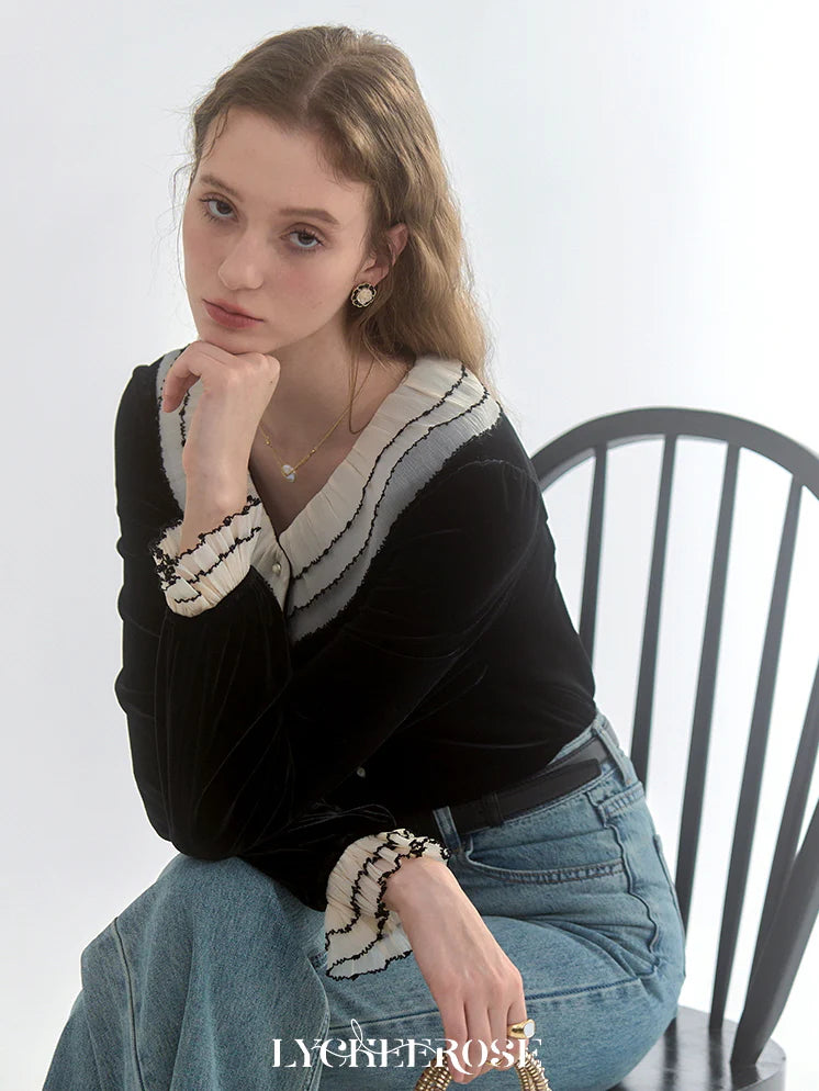 Black Velvet Contrast-Collar Cardigan