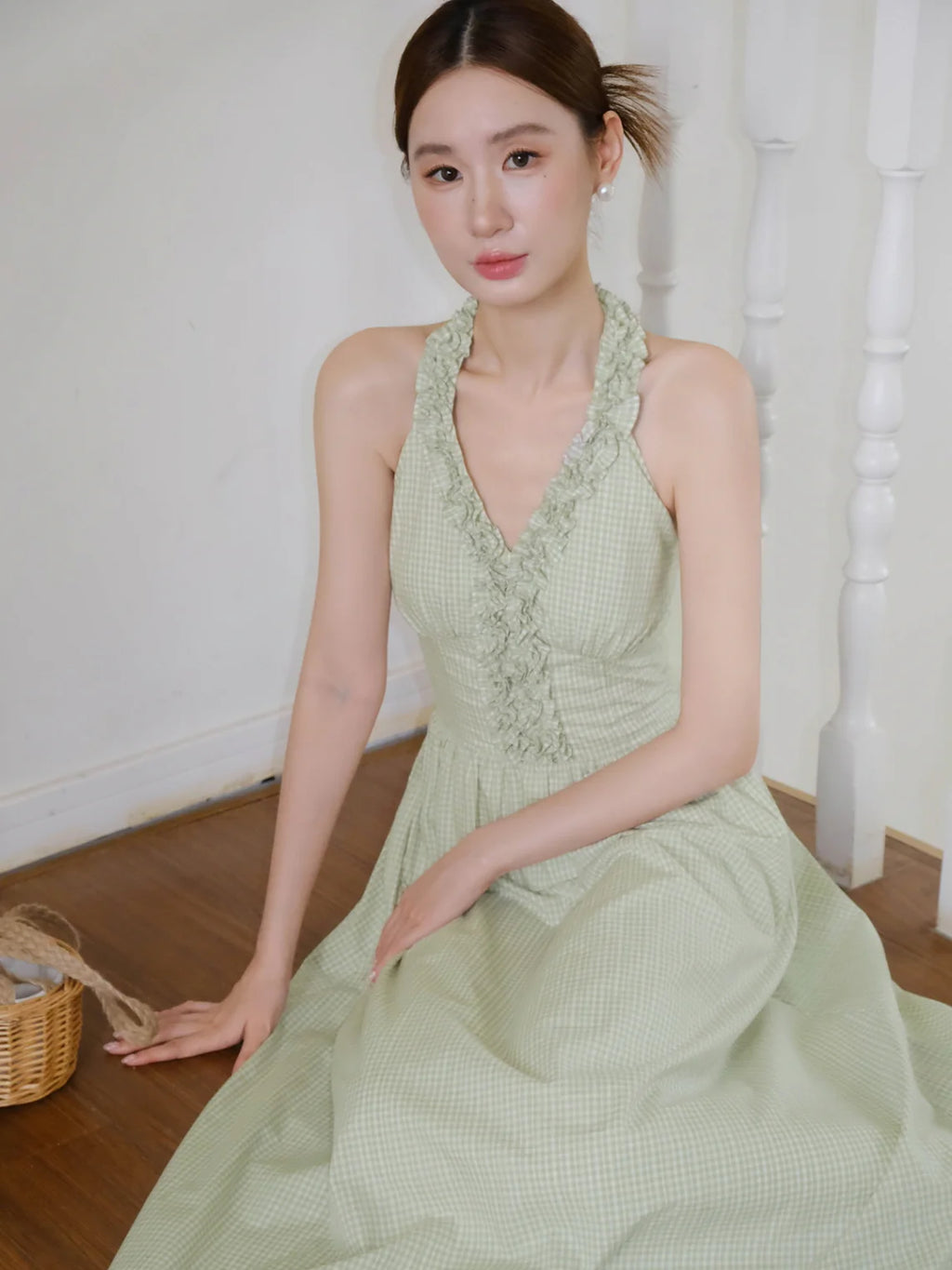 Romantic Green Gingham Halter Dress