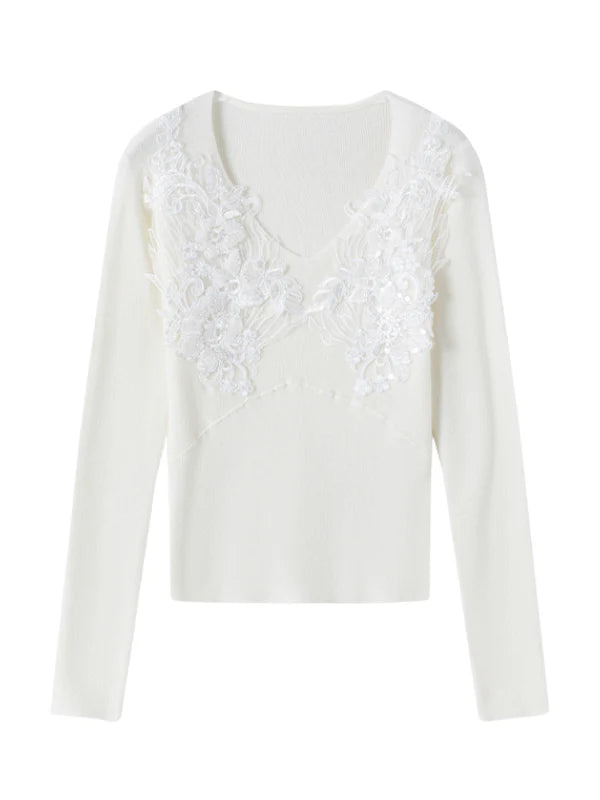 Floral Lace Embellished Knit Top