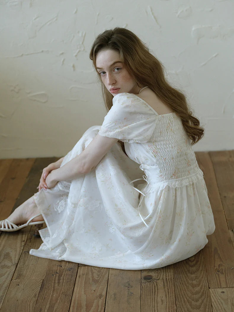 White Floral Corset Waist Dress