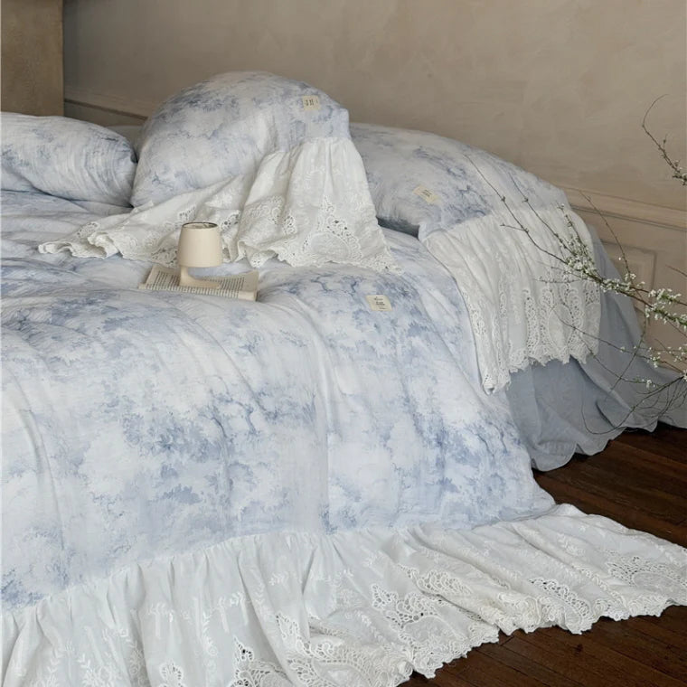 Watercolor Blue Lace Ruffle Bedding Set