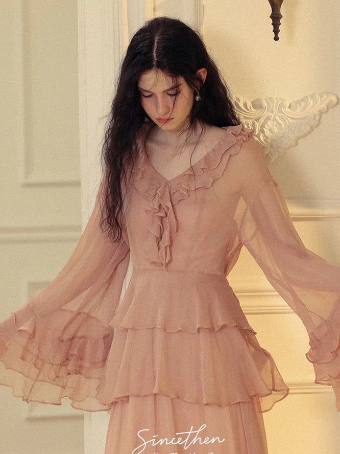 Whimsical Pink Ruffle Chiffon Blouse & Dress