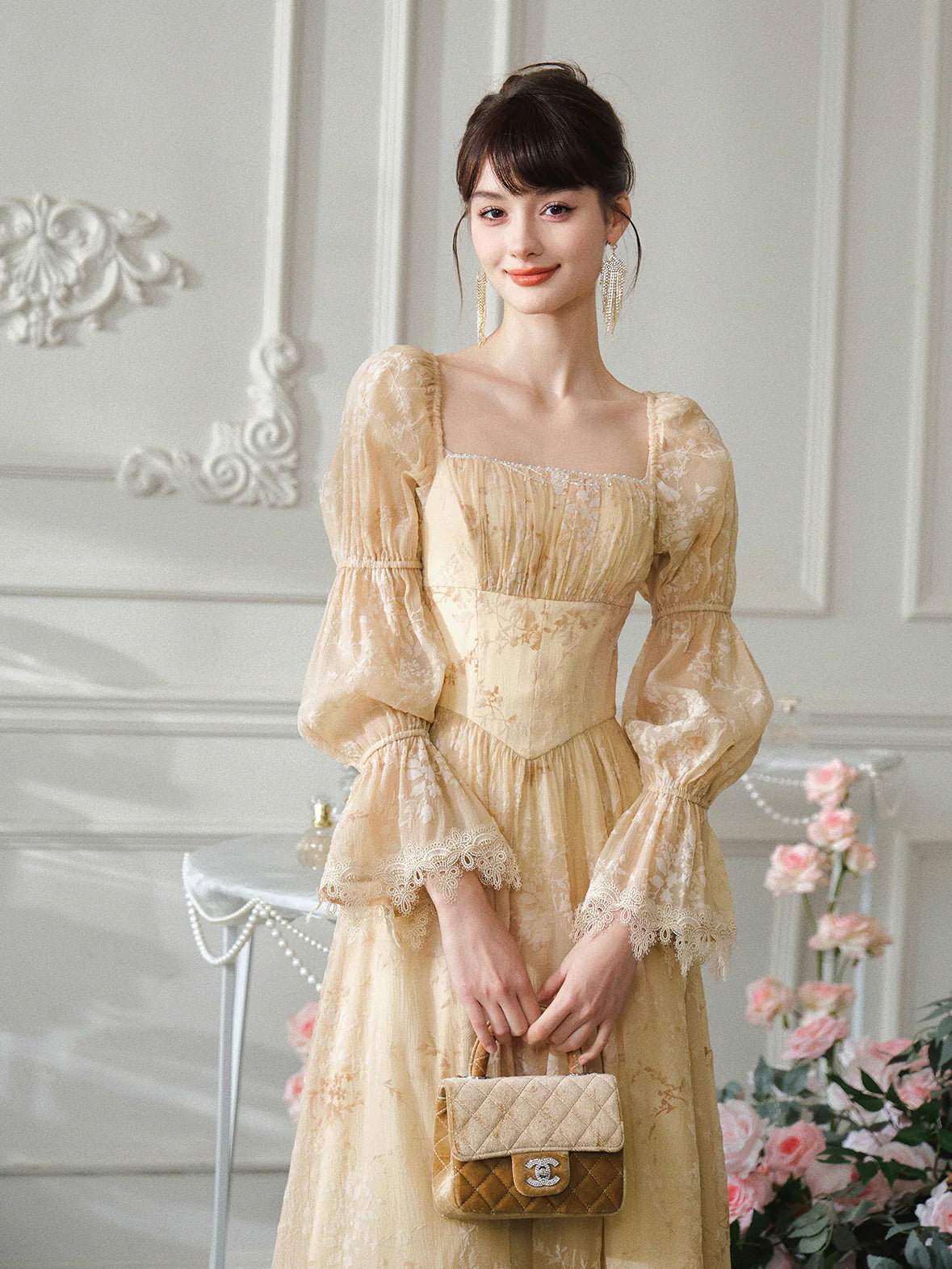 Golden Blooms Vintage-Inspired Dress
