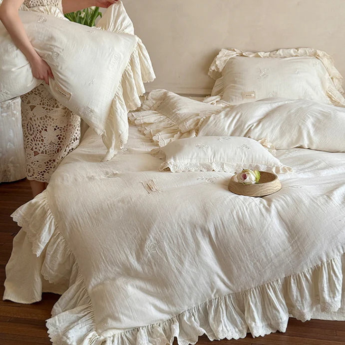 Blush Cream Ruffle Lace Bedding Set