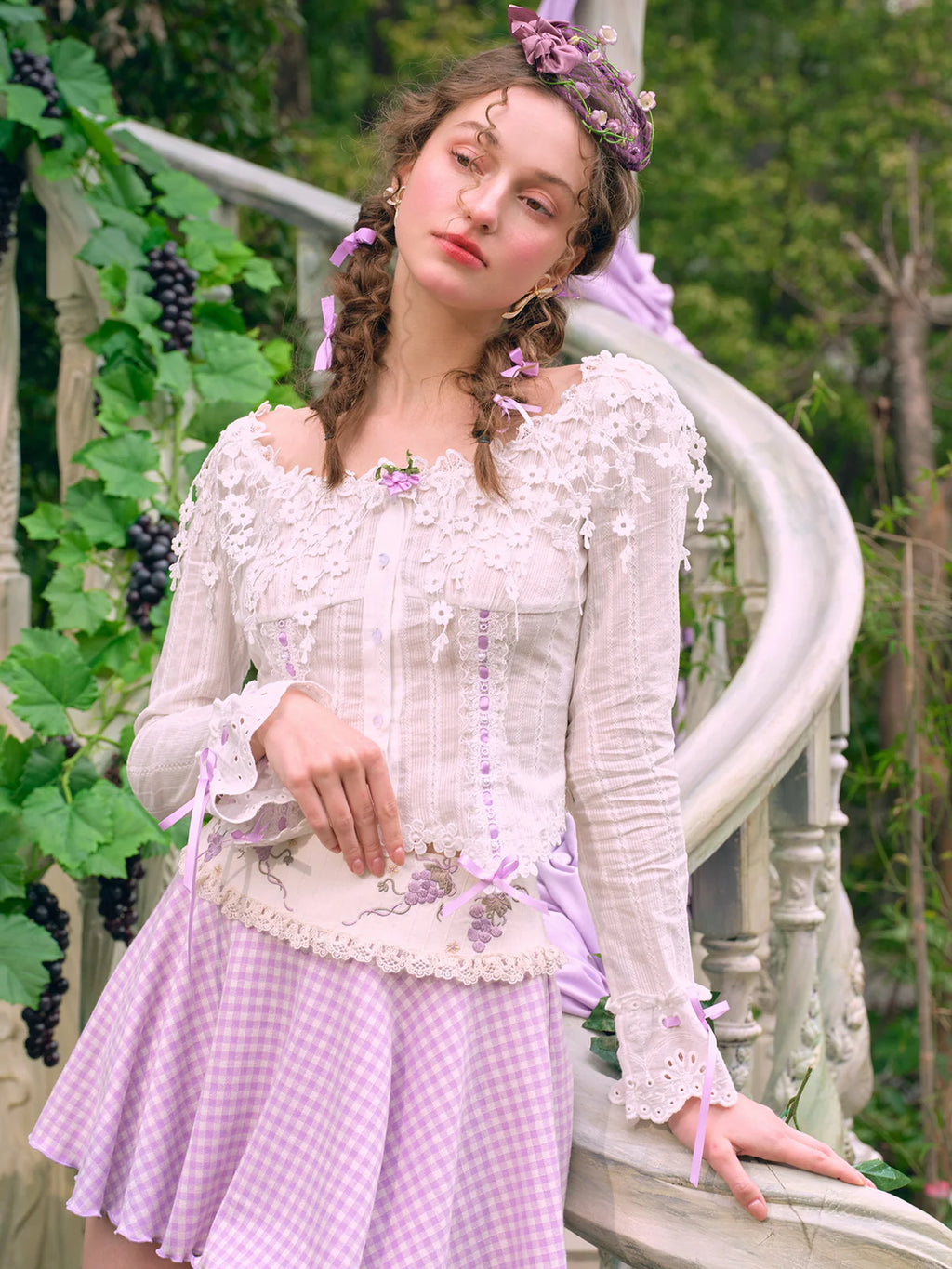 Lilac Ribbon Embroidered Lace Blouse