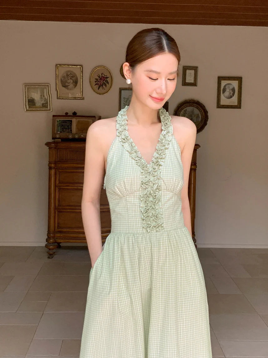 Romantic Green Gingham Halter Dress