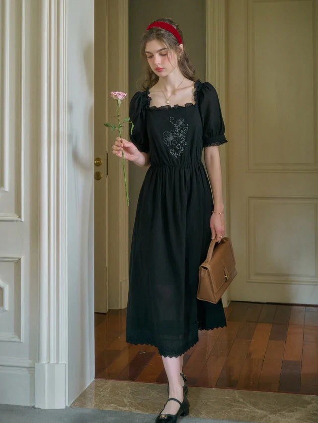 Noir Rose Embroidered Vintage Black Dress