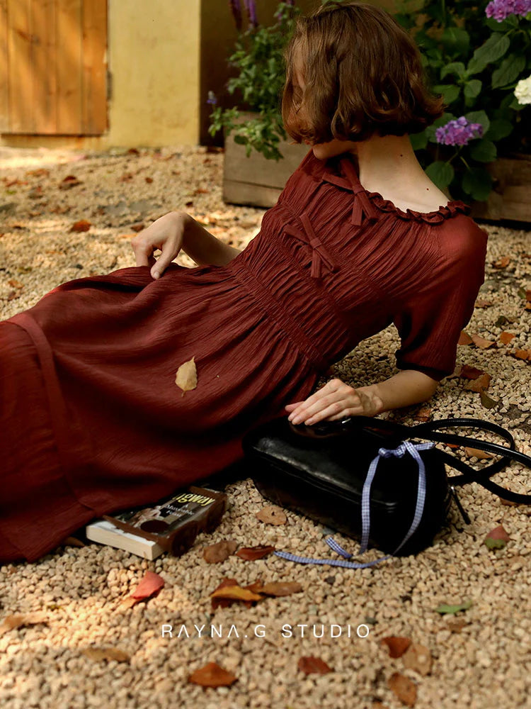 Vintage Cottage Ribbon Wine Red Dress