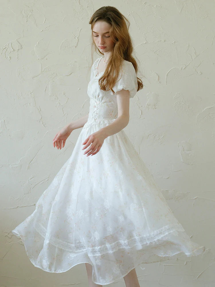 White Floral Corset Waist Dress