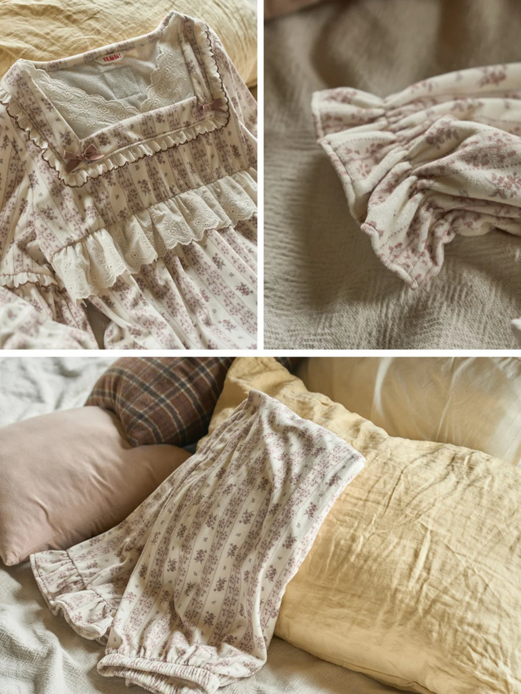 Brown Ribbon Lace Flannel Pajama Set