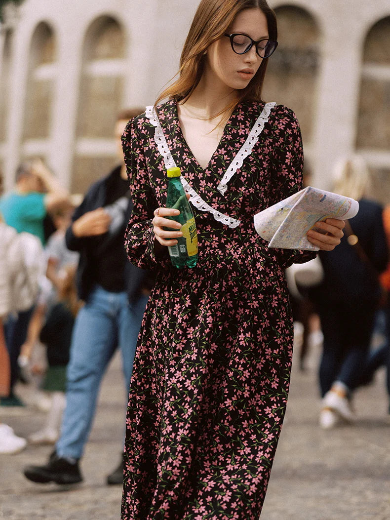 Vintage Floral Lace-Trim Long Dress