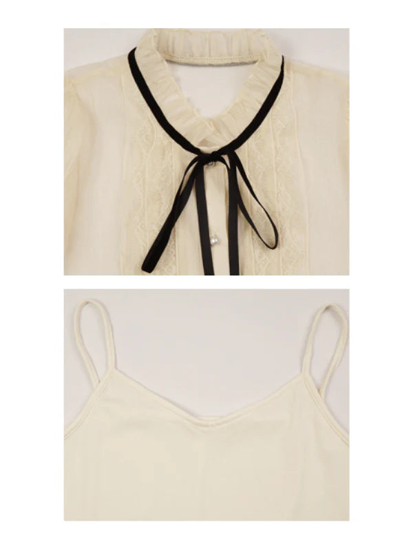 Sheer Lace-Trimmed Blouse with Ribbon Tie