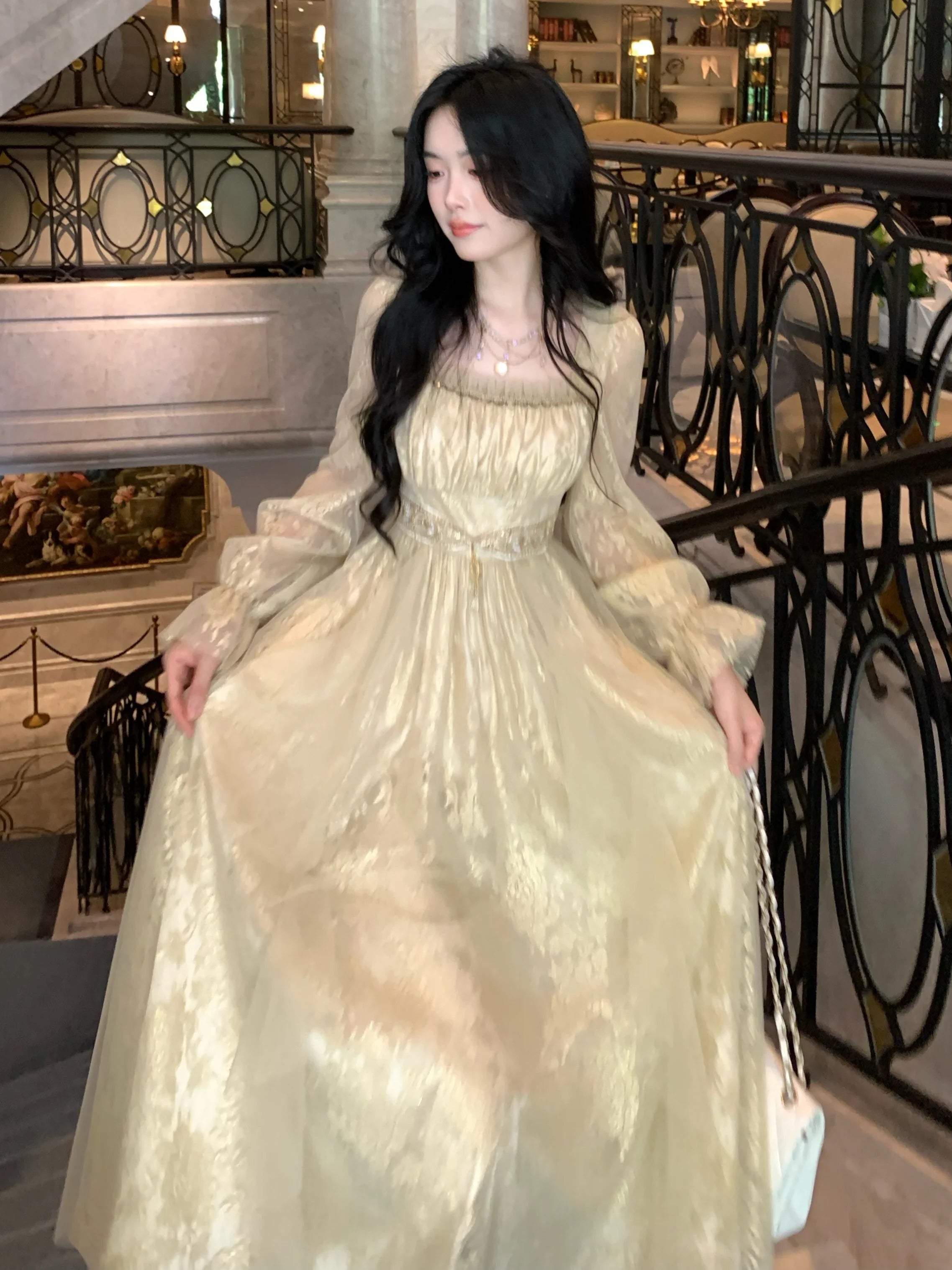Golden Elegance Vintage Lace Dress