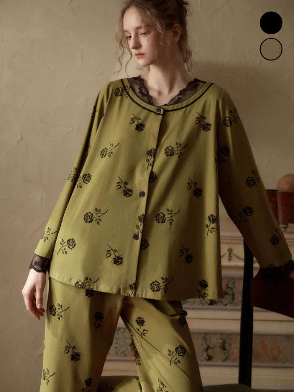 Vintage Rose Lace Trim Pajama Set