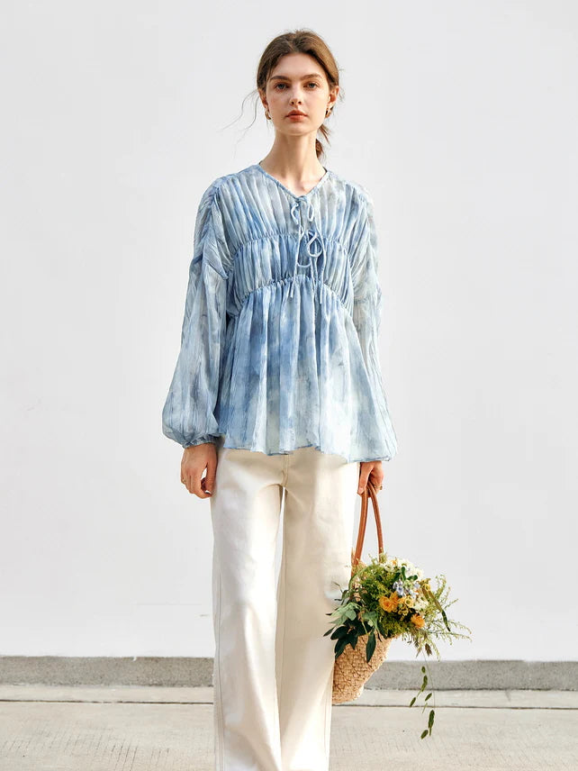 Cloudy Sky Sheer Pleated Blouse