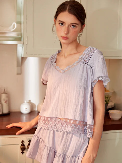 Lavender Lace Trim Two-Piece Loungewear Set