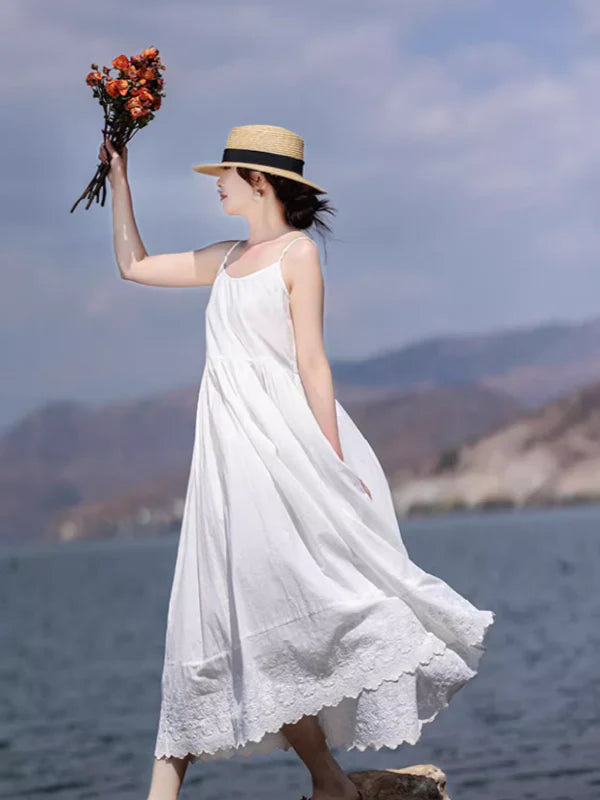 Embroidered White Cotton Slip Dress