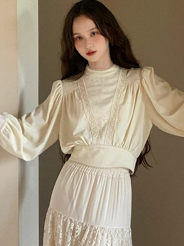 Vintage Elegance Lace Trim Blouse
