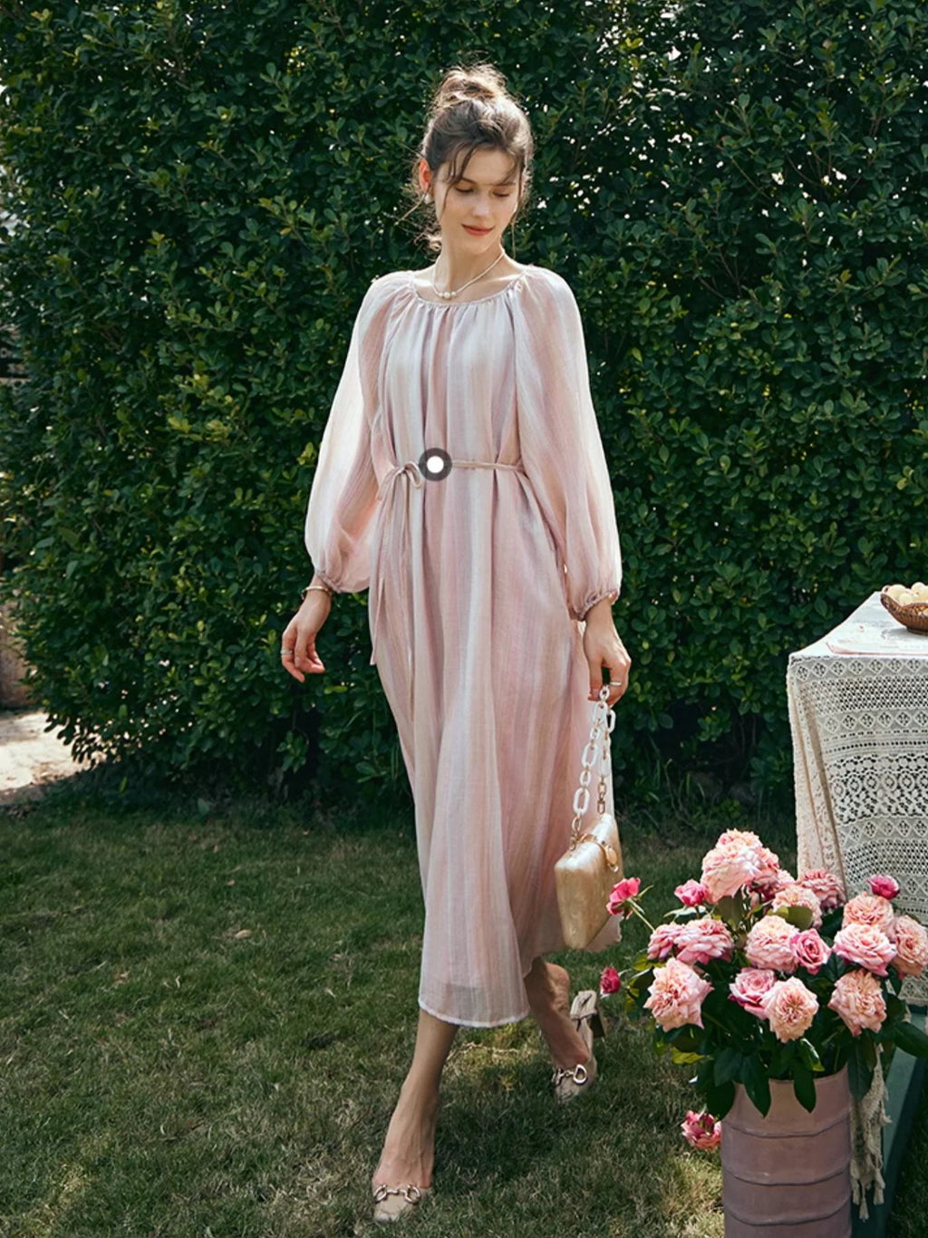 Ethereal Blush Striped Chiffon Dress
