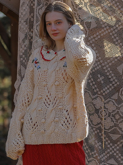 Floral Collared Cozy Knit Sweater