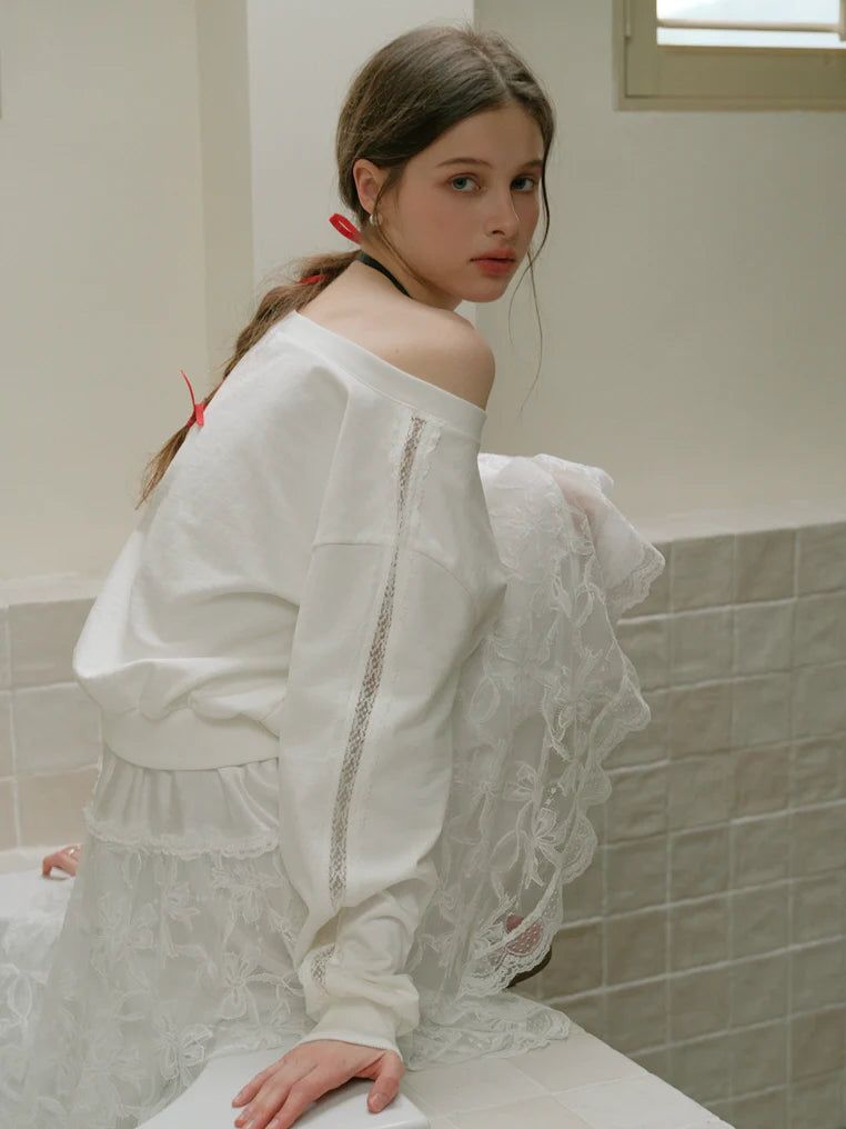 Coquette Lace Heart Off-Shoulder Sweatshirt